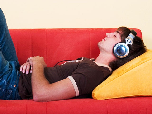 lazy, teen, boy, music, headphones, exercise, stock, 4x3