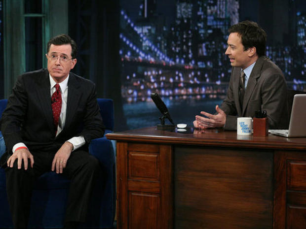 Jimmy Fallon and Stephen Colbert on "Late Night with Jimmy Fallon," March 28, 2011. 