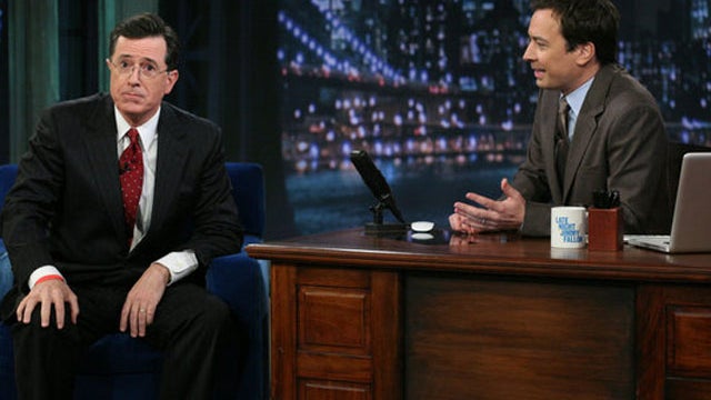 Jimmy Fallon and Stephen Colbert on "Late Night with Jimmy Fallon," March 28, 2011. 