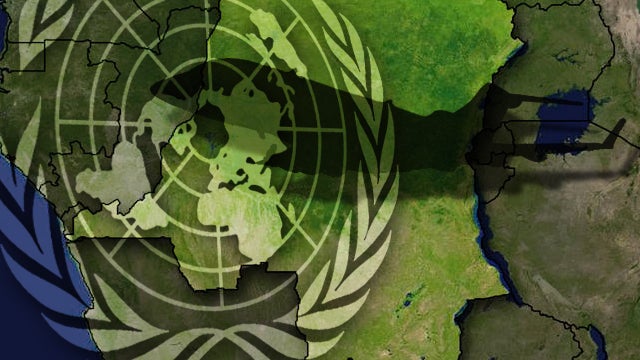 Map of Congo and UN seal and small jet silhouette     