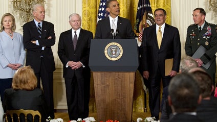  US President Barack Obama (C) nominates Ryan Crocker (R) as US Ambassador to Afghanistan, Lt. General John Allen(2nd-R) as the new US Commander for NATO-led forces in Afghanistan, General David Petraeus (3rd-R) as Director of the Central Intrelligence Ag 