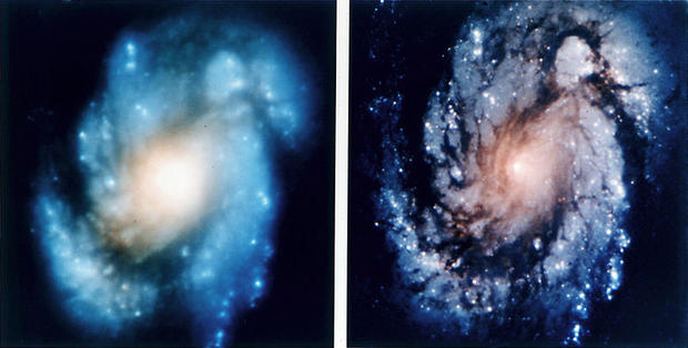 This before and after view of spiral galaxy Messier 100 demonstrate the improvement in the Hubble images after corrective optics were installed on Hubble's aft low gain antenna and on exposed voltage bearing connector covers during Endeavour STS-61 Servic 