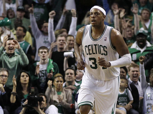 Boston Celtics forward Paul Pierce heads up court 