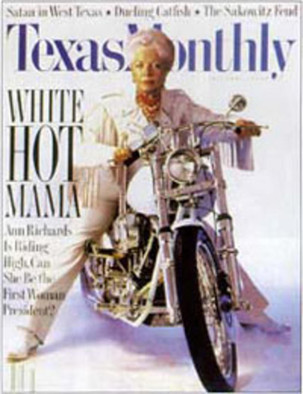 Doctored photo of Ann Richards on Harley-Davidson motorcycle 