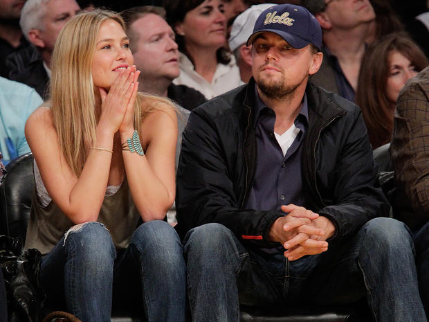 Bar Refaeli, left, and Leonardo DiCaprio attend a game between the Oklahoma City Thunder and the Los Angeles Lakers on April 27, 2010, in Los Angeles. 