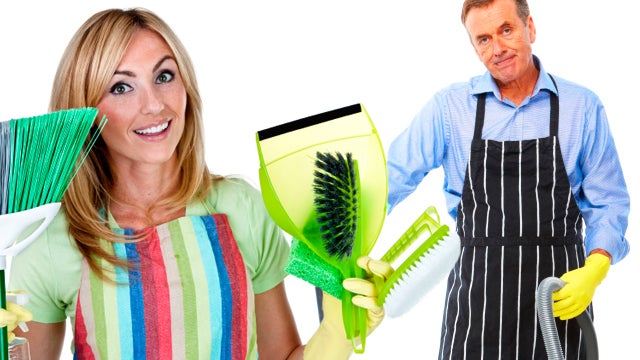 Woman holding cleaning products and man with a cleaning equipment 