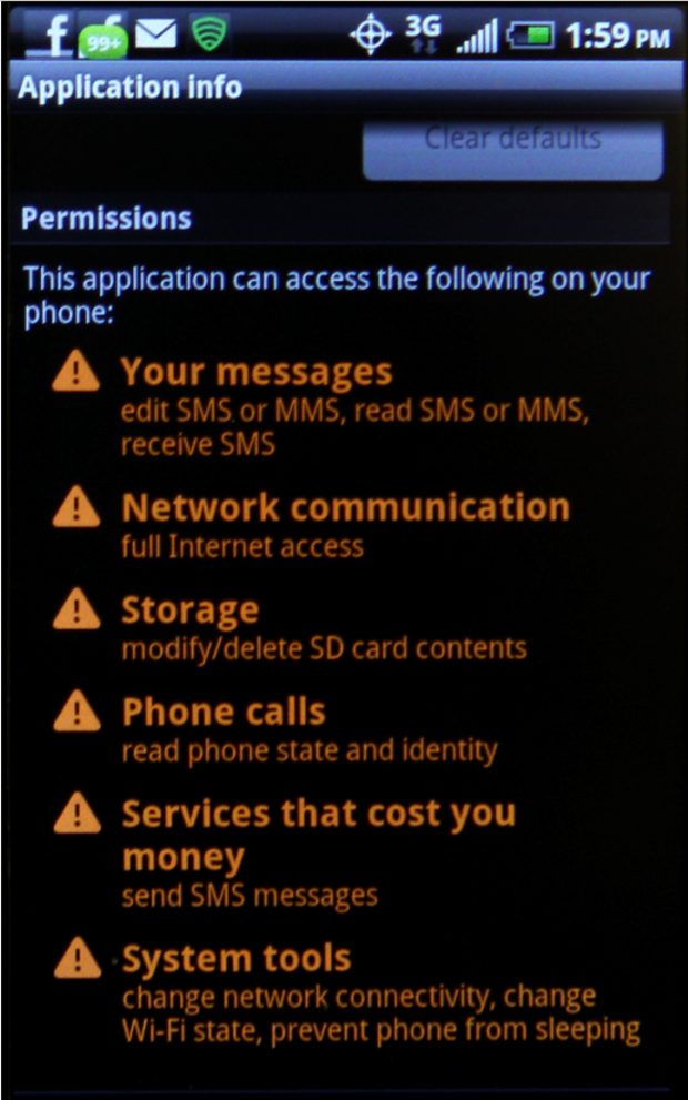 These are the permissions associated with the demo version of the N.O.V.A. game Sprint downloaded onto my HTC Evo without my consent. 