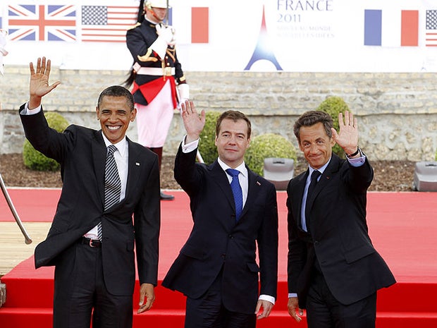 From left, U.S. President Barack Obama, Russian President Dmitry Medvedev and French President Nicolas Sarkozy
