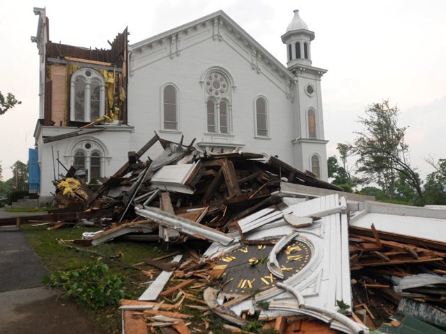steeple lays in rubble  