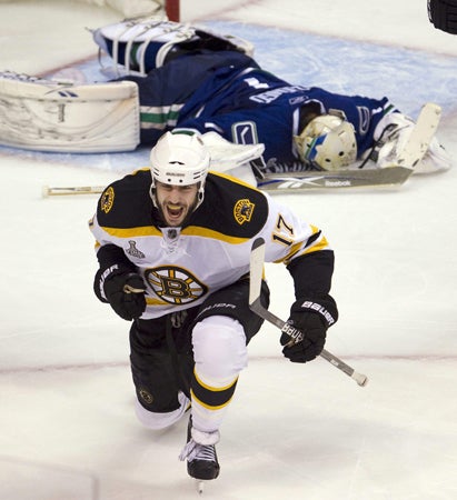 Milan Lucic celebrates after scoring  