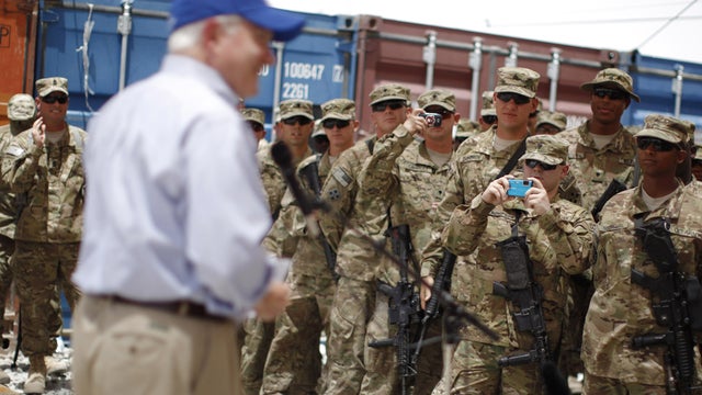 Secretary of Defense Robert Gates talks to troops in Afghanistan 
