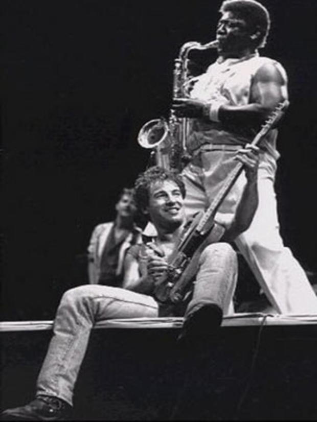 Bruce Springsteen performs with Clarence Clemons in September 1985. 