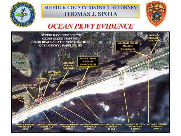 A handout from the Suffolk County Police Department shows the locations of eight sets of remains found along Ocean Parkway.  