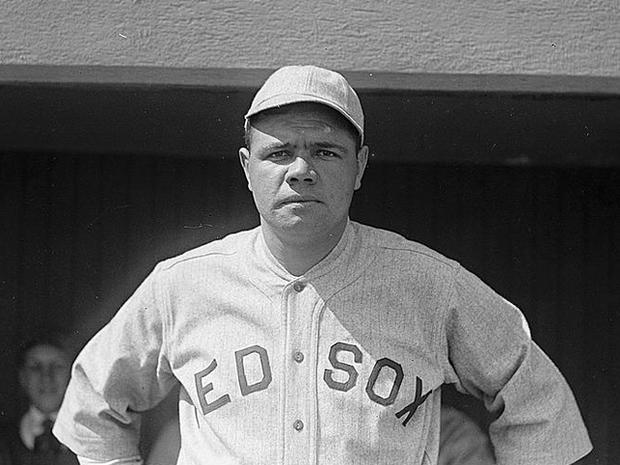 Babe Ruth poses in 1919, his last season in a Boston Red Sox uniform.  
