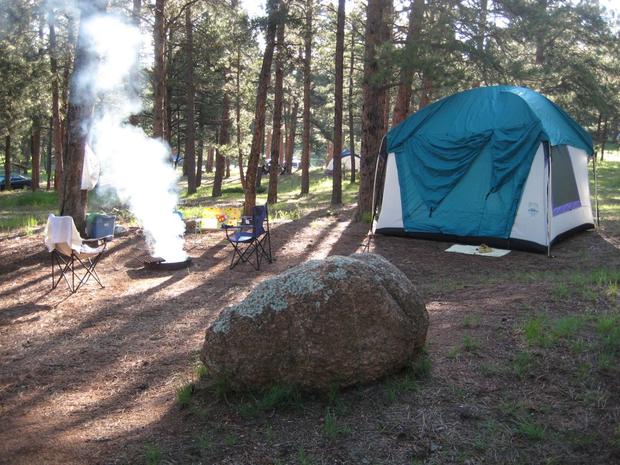 Tent, Campfire At Campground In Buffalo Creek, Colorado 