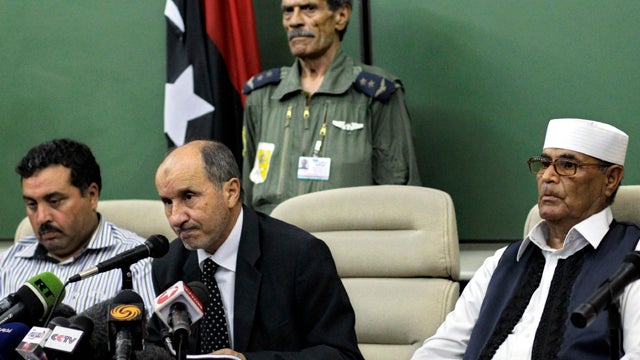 Mustafa Abdul-Jalil, center, speaks in Benghazi 