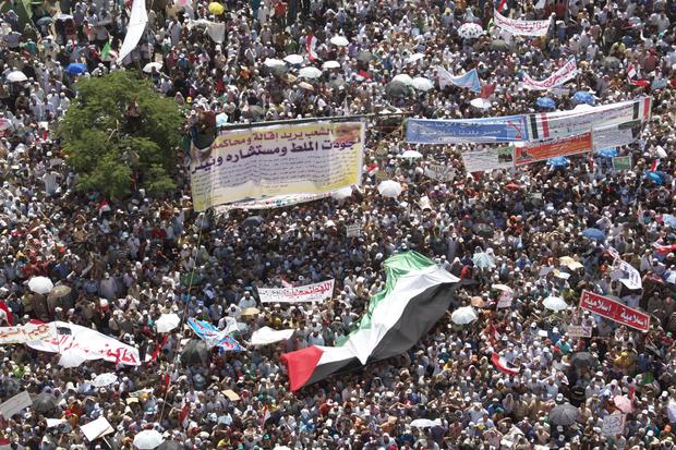 Demonstrators in Tahrir Square carry large banners. 