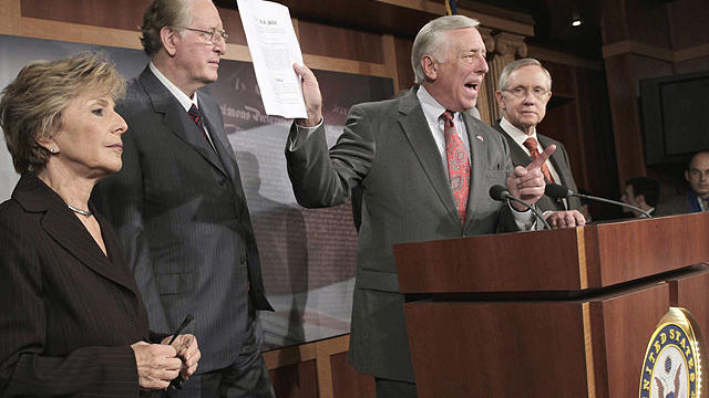 House Minority Whip Steny Hoyer of Md., second from right, accompanied by fellow lawmakers talks about the need to overcome the partisan standoff over a bill to end the partial shutdown of the Federal Aviation Administration (FAA), Aug. 3, 2011, on Capito 