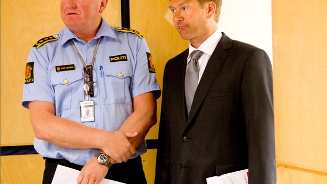 Police Chief of Staff Johan Fredriksen, left, and Norwegian prosecutor Christian Hatlo attend a news conference in Oslo Aug. 4, 2011. Hatlo told reporters that the confessed gunman, 32-year-old Anders Behring Breivik, had been questioned for 10 hours the  