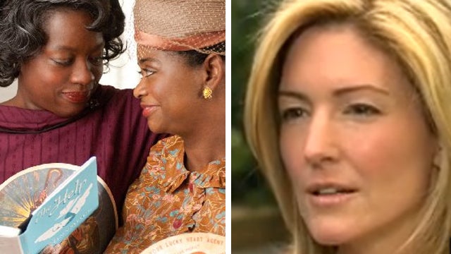 On the left, a still from the movie, "The Help," and on the right, the author of the book, Kathryn Stockett. 