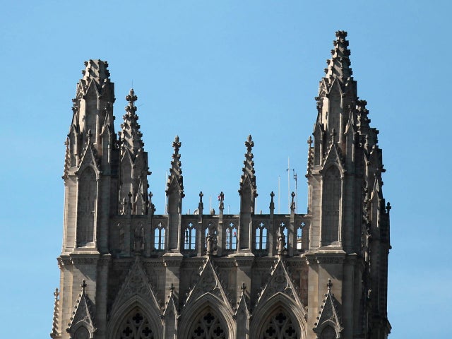 One of the spires , left, of the National Cathedral is seen missing following an earthquake in the Washington,  Aug., 23, 2011.  