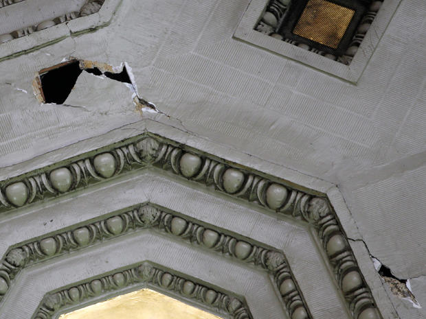 Pieces of the ceiling at Union Station are missing and cracks are seen after an earthquake was felt in Washington, Aug. 23, 2011. 