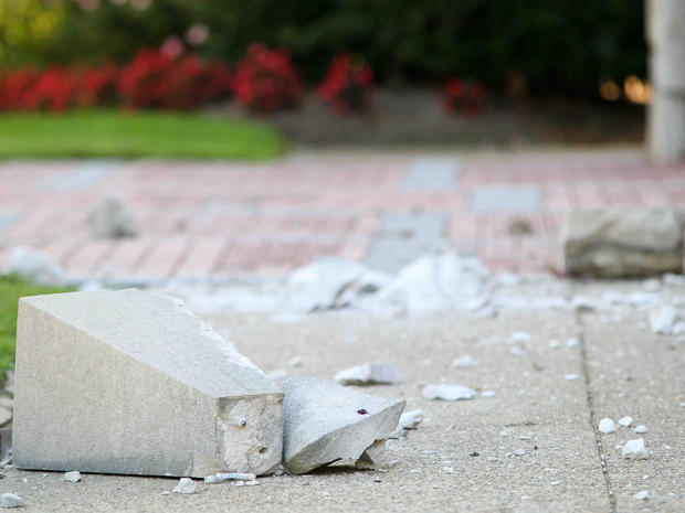 Large chunks of stone that fell off of St. Thomas the Apostle church in Wilmington, Del. are shown Aug. 23, 2011, after one of the strongest earthquakes ever recorded on the East Coast. 