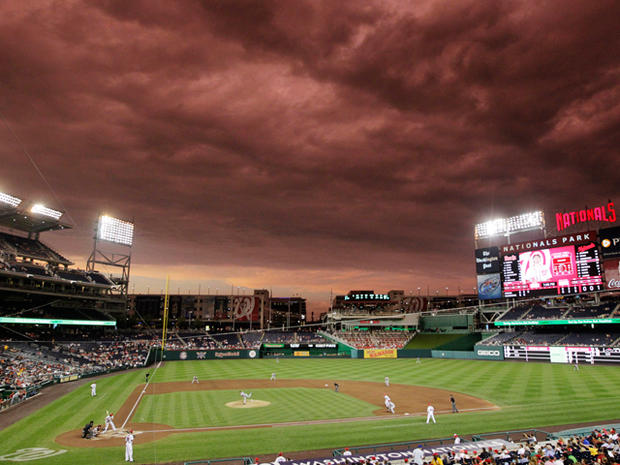 Storm clouds pass over Nationals Park 
