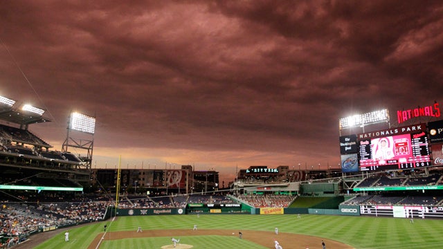 Storm clouds pass over Nationals Park 