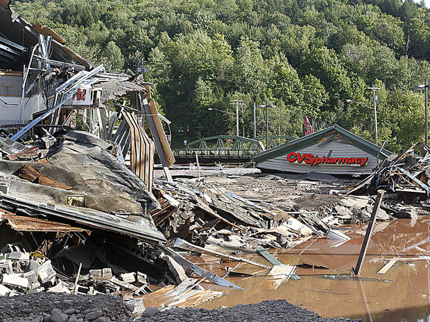 Wreckage of the CVS Pharmacy, on Bridge Street in Margaretville, N.Y. which collapsed on Monday, Aug. 29, 2011,  following flooding of the East Branch of the Delaware River. 