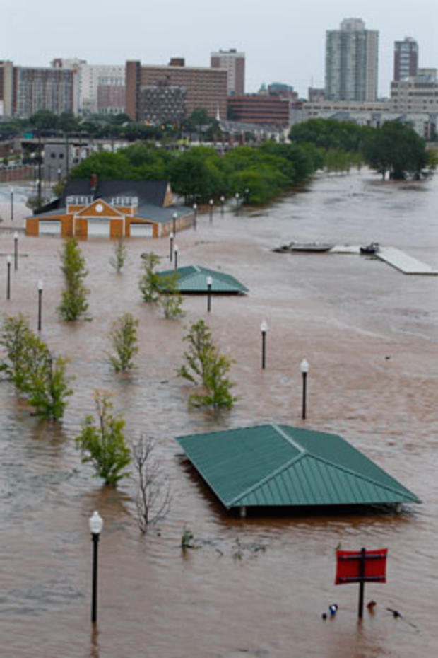 Downtown New Brunswick, N.J., can be see near the overflowing Raritan River,  Aug. 28, 2011 