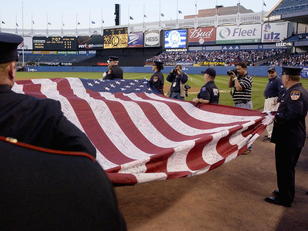 The Ground Zero Flag is displayed at Yankee Stadium Sept. 11, 2002, before a baseball game between the New York Yankees and the Baltimore Orioles in New York City. 