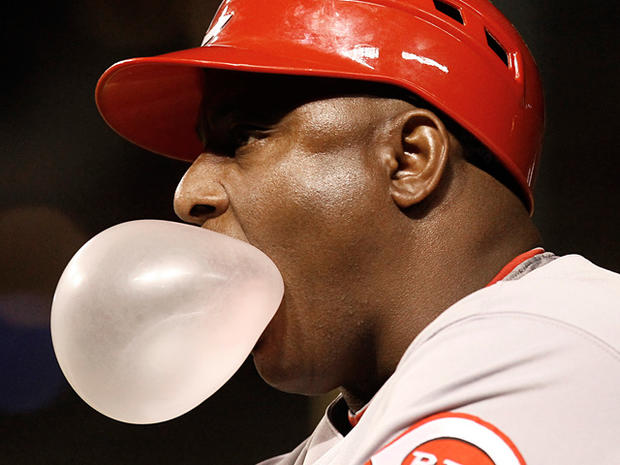 Billy Hatcher blows a bubble 