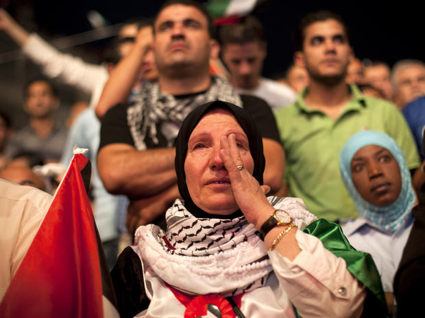 A Palestinian woman cries in the West Bank city of Ramallah as President Mahmoud Abbas addressed the General Assembly of the United Nations Sept. 23, 2011. 