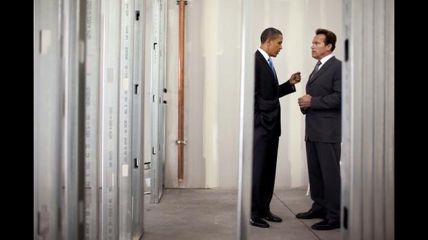 President Obama meets with Arnold Schwarzenegger, then governor of California, at Solyndra's construction site in Fremont, Calif., in May 2010. 