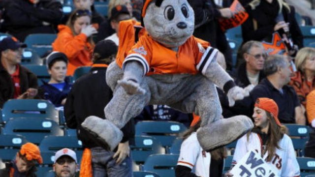 San Francisco, CA: San Francisco Giants mascot Lou Seal holds the