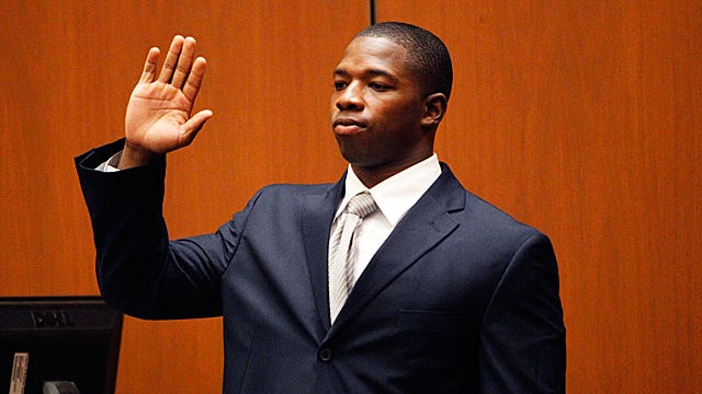 Witness Faheem Muhammad is sworn in during the second day of Conrad Murray's involuntary manslaughter trial in the death of pop star Michael Jackson in downtown Los Angeles,  Wednesday, Sept. 28, 2011. 