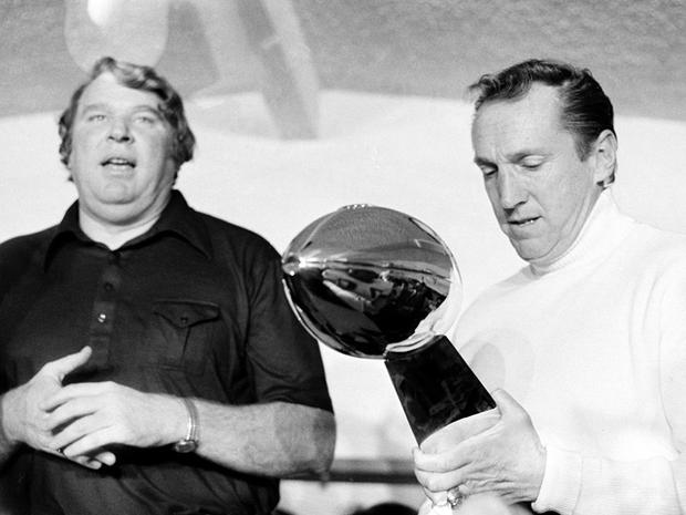 John Madden and Al Davis holds the Vince Lombardi Trophy 