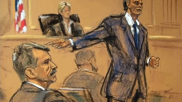 In this courtroom drawing, alleged arms dealer Viktor Bout, right, is represented in federal court by federal defender Sabrina Shroff during his arraignment on charges he supported terrorists, Wednesday, Nov. 17, 2010. (AP Photo/Elizabeth Williams) 
