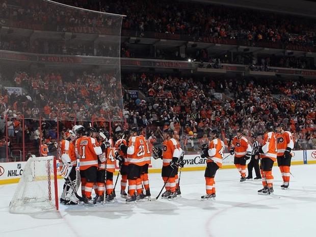 PHILADELPHIA, PA - OCTOBER 12: The Philadelphia Flyers celebrate their 5-4 victory over the Vancouver Canucks at the Wells Fargo Center on October 12, 2011 in Philadelphia, Pennsylvania. (Photo by Bruce Bennett/Getty Images) 
