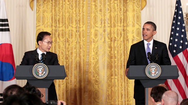 President Barack Obama and South Korean President Lee Myung-bak take part in a joint news conference in the East Room at the White House in Washington, Thursday, Oct. 13, 2011. 