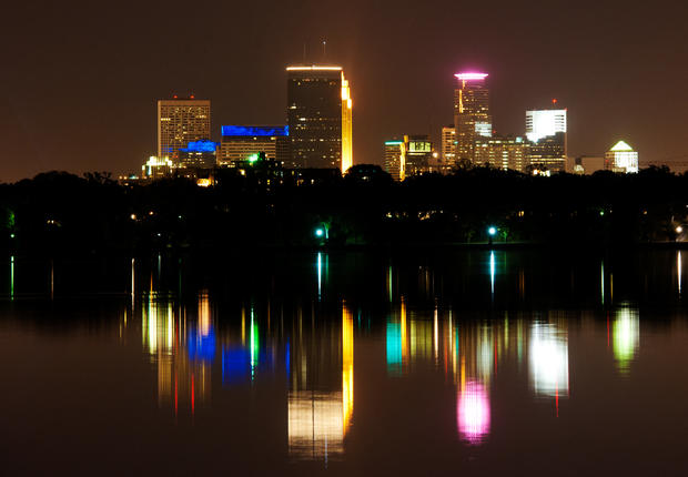 Minneapolis' October Skyline Reflected On Lake Calhoun 
