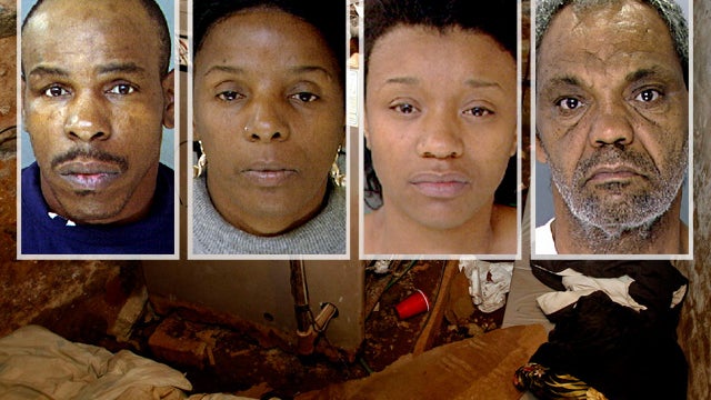 The dank basement room in Philadelphia where Gregory Thomas, Linda Ann Weston, Jean McIntosh and Eddie Wright, inset from left to right, allegedly held captive four weak and malnourished mentally disabled adults is seen Oct. 17, 2011. 