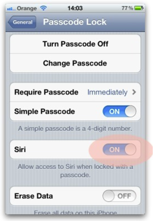 To disable Siri unless the device is unlocked, you turn Siri "Off" in the Passcode Lock settings. 