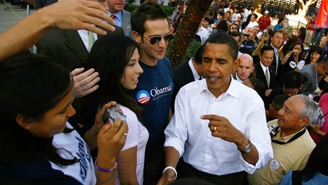 LOS ANGELES, CA - OCTOBER 20: Democratic presidential candidate Sen. Barack Obama (R) (D-IL) holds a town hall meeting before a racially diverse crowd at Garfield High School on October 20, 2007 on the east side of Los Angeles, California. East Los Angele 