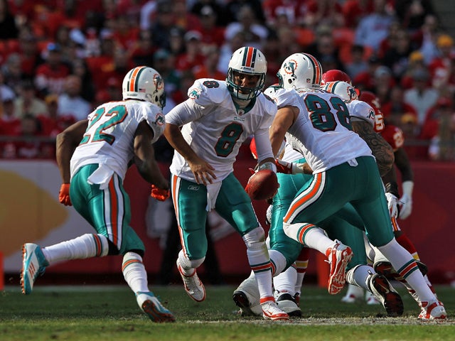 Matt Moore hands off to Reggie Bush 