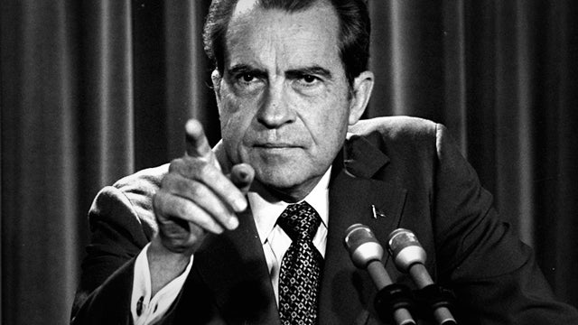 In this March 15, 1973, file photo President Nixon tells a White House news conference that he will not allow his legal counsel, John Dean, to testify on Capitol Hill in the Watergate investigation and challenged the Senate to test him in the Supreme Cour 