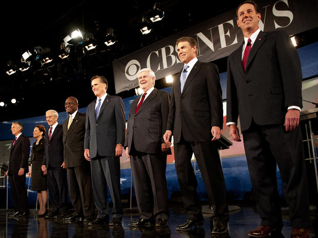 Republician presidential hopefuls, from left to right, Jon Huntsman, Michele Bachmann, Ron Paul, Herman Cain, Mitt Romney, Newt Gingrich, Rick Perry and Rick Santorum participate in the CBS News/National Journal Debate at Wofford College Nov. 12, 2011, in 