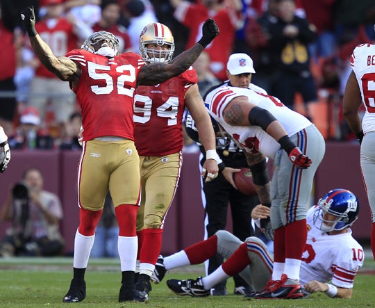 Patrick Willis celebrates after sacking Eli Manning 