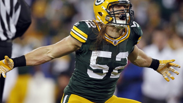 Clay Matthews  reacts after sacking Christian Ponder  